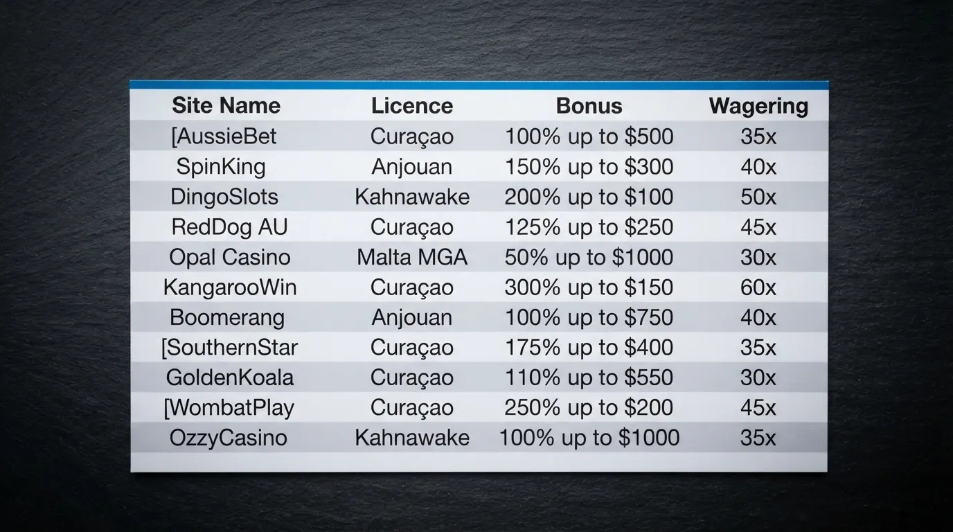 A side-by-side reference card showing casino names, licence jurisdictions, bonus values and wagering multiples