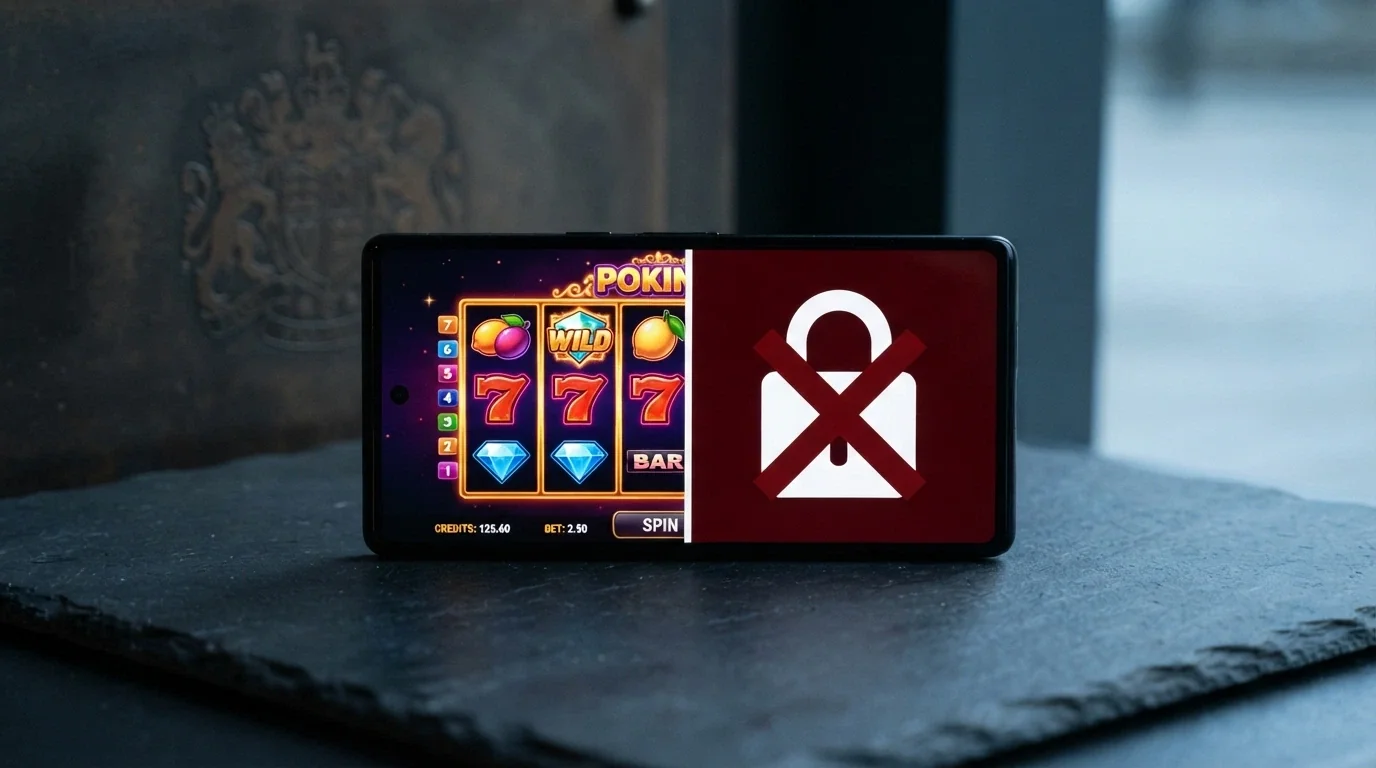 A smartphone screen split between a pokies game on one side and a padlock icon with a red cross on the other, over a dimmed Australian coat of arms