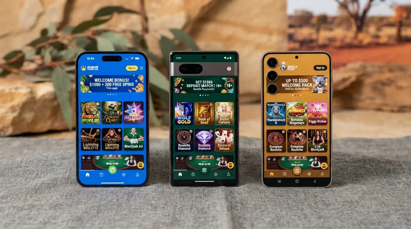 A visual comparison layout showing several mobile casino home screens side by side, each displaying a welcome-bonus banner, against a muted AU-themed backdrop