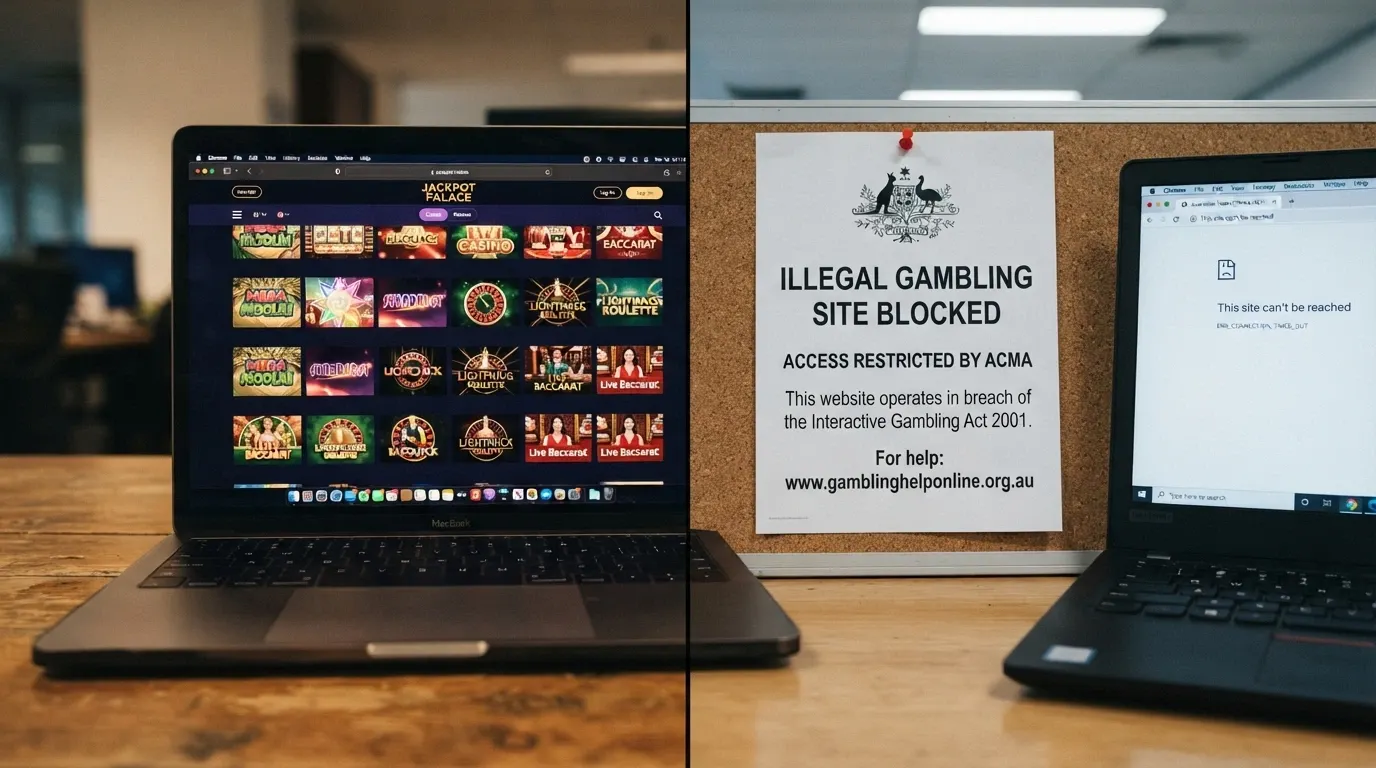 A split-screen visual: one side showing a polished online casino lobby with Aristocrat titles, the other showing the ACMA website's blocking notice and the IGA statute text