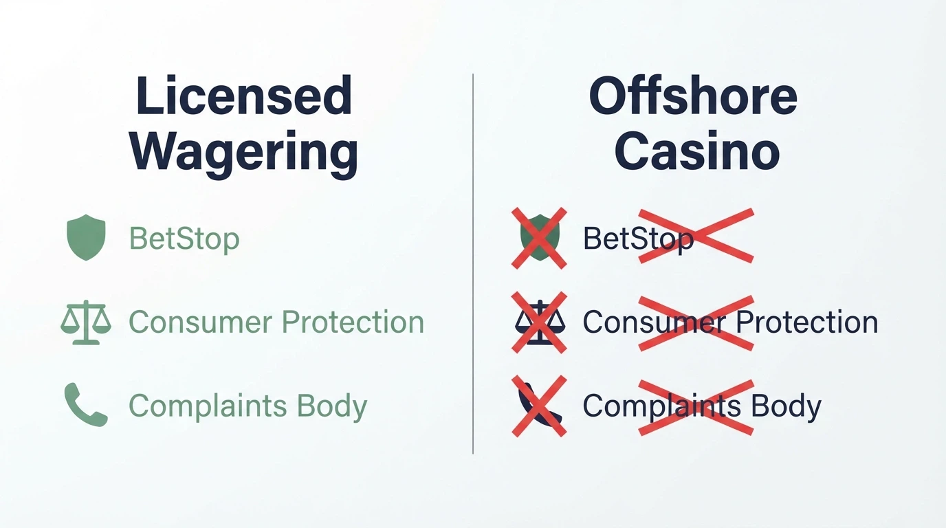 A side-by-side comparison: the left column labelled “Licensed Wagering” listing BetStop, consumer protection and complaints body; the right column labelled “Offshore Casino” with each item crossed out