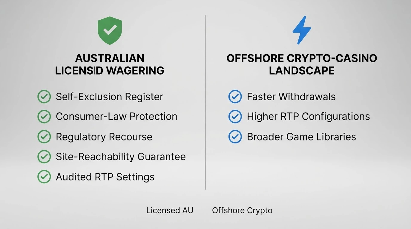 A diagram showing the Australian licensed-wagering framework on one side and the offshore crypto-casino landscape on the other, with the protections each side carries