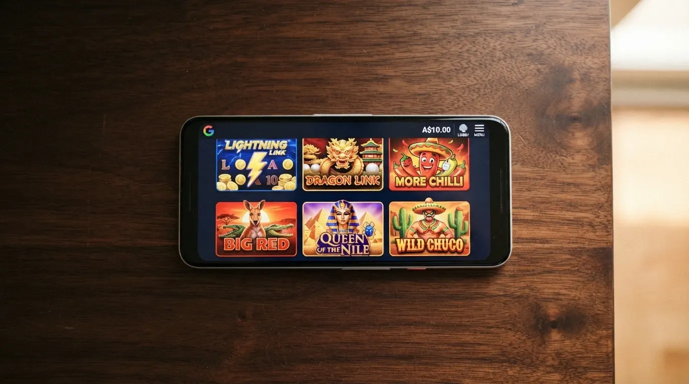 A grid of six colourful online pokies title cards on a smartphone screen with an AUD A$10.00 balance displayed in the corner