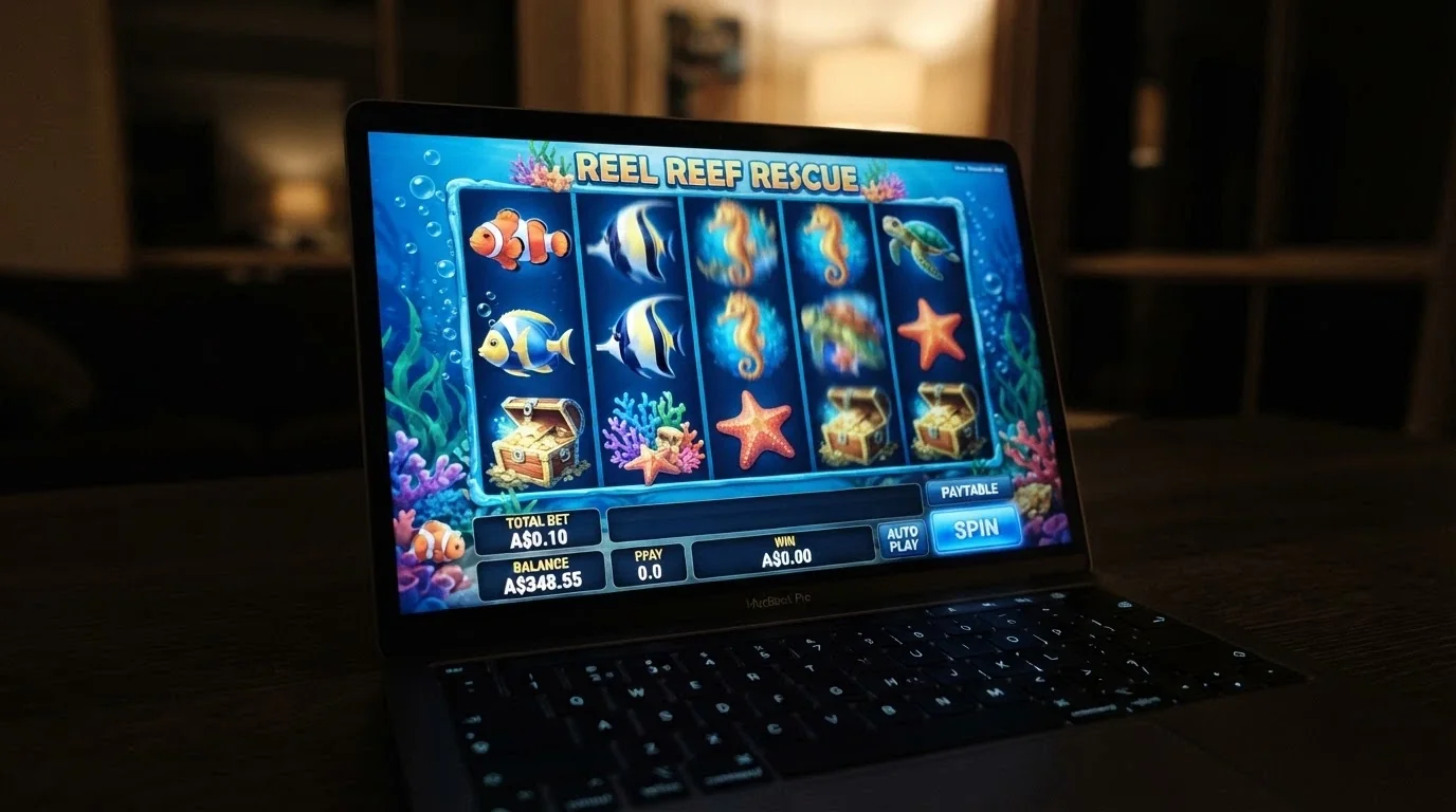 Online pokies reels with the minimum-bet selector showing A$0.10 per spin