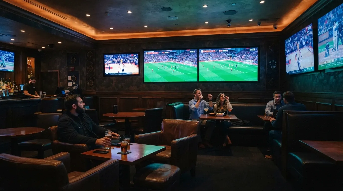 the interior of the Onyx Sports Lounge at Casino Canberra with screens showing live sport