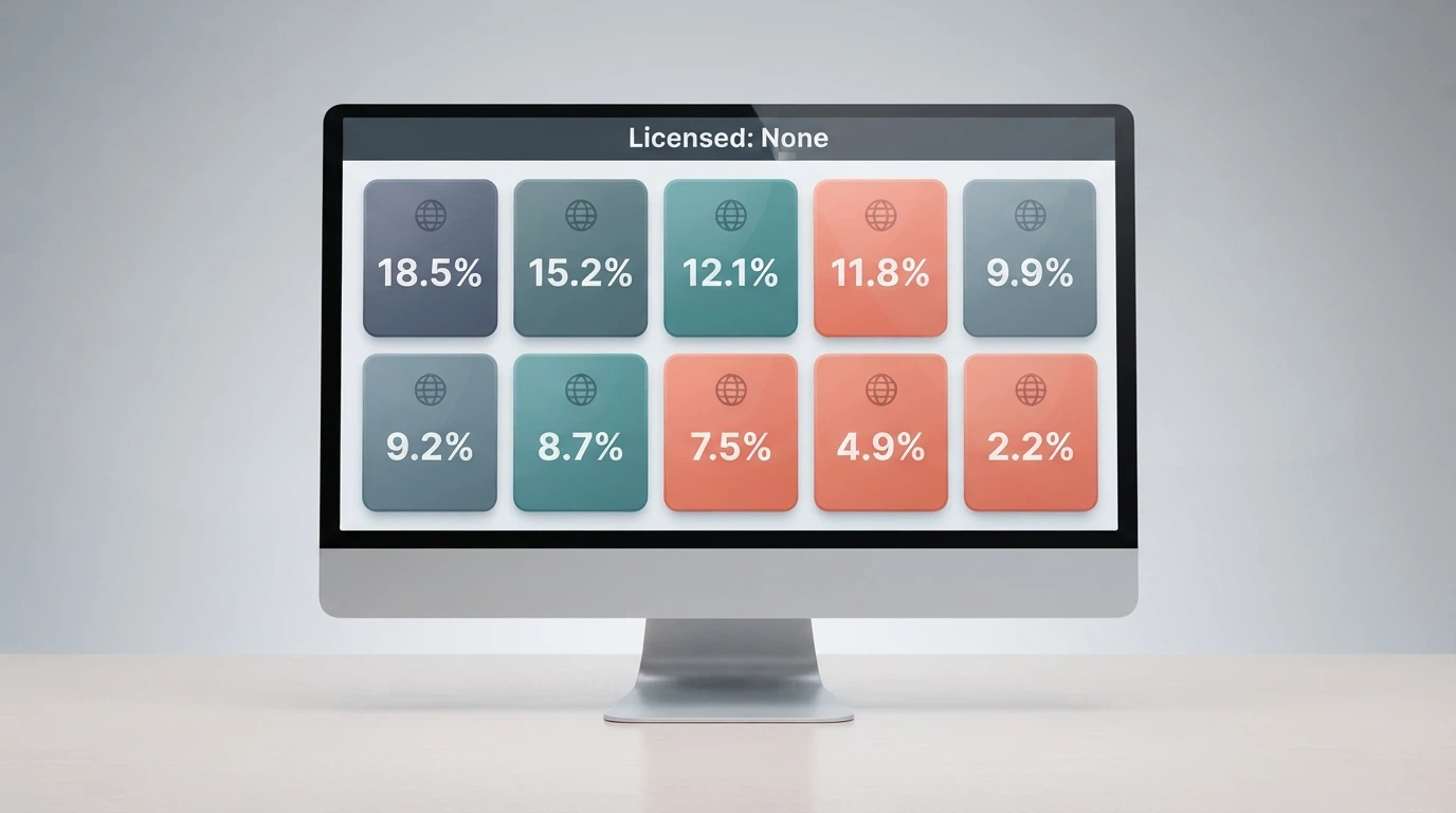 A clean comparison-grid visual showing operator name cards arranged across a desktop screen, each card carrying the licence jurisdiction and a traffic-reach indicator, no specific bonus numbers visible