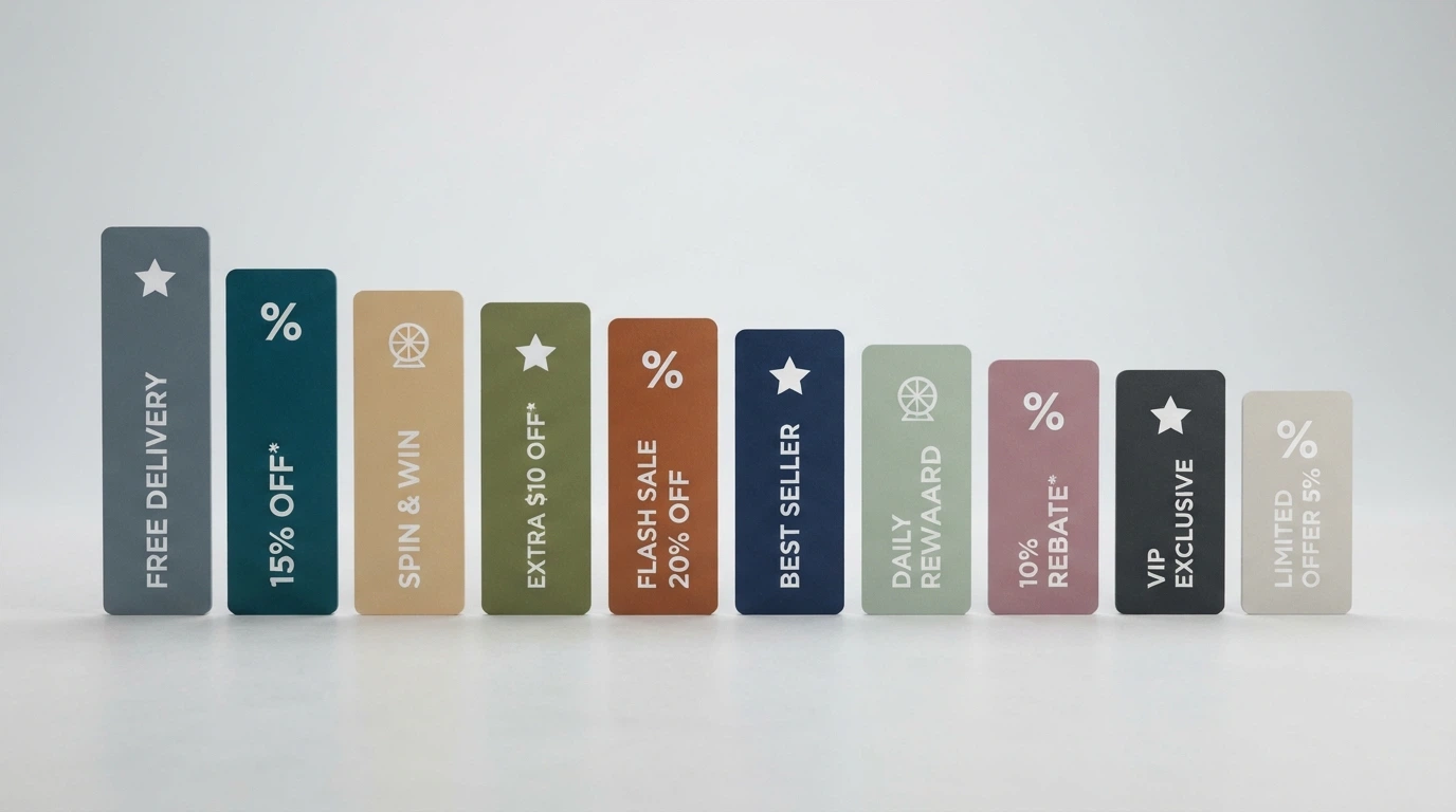 A row of ten casino-brand placeholder tiles arranged in ranked order, each showing a different offer value beneath it