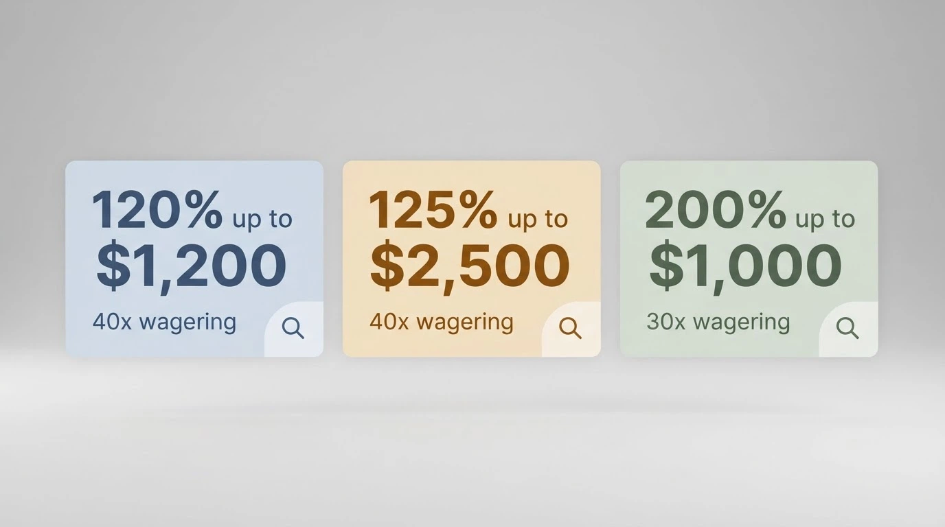 A clean visual comparison of welcome-offer cards from several operators, each showing a different bonus structure and wagering figure