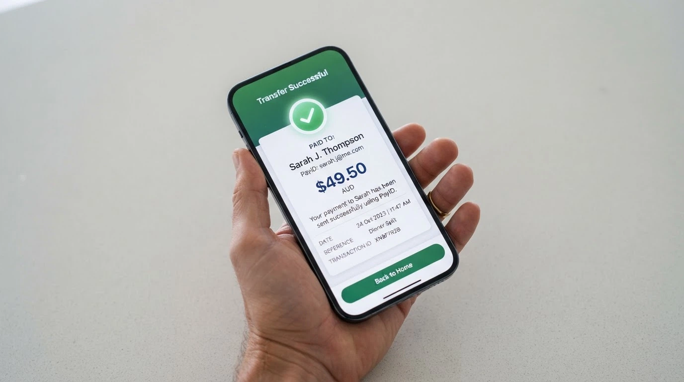 A banking app screen showing a PayID transfer interface with a small dollar amount being sent
