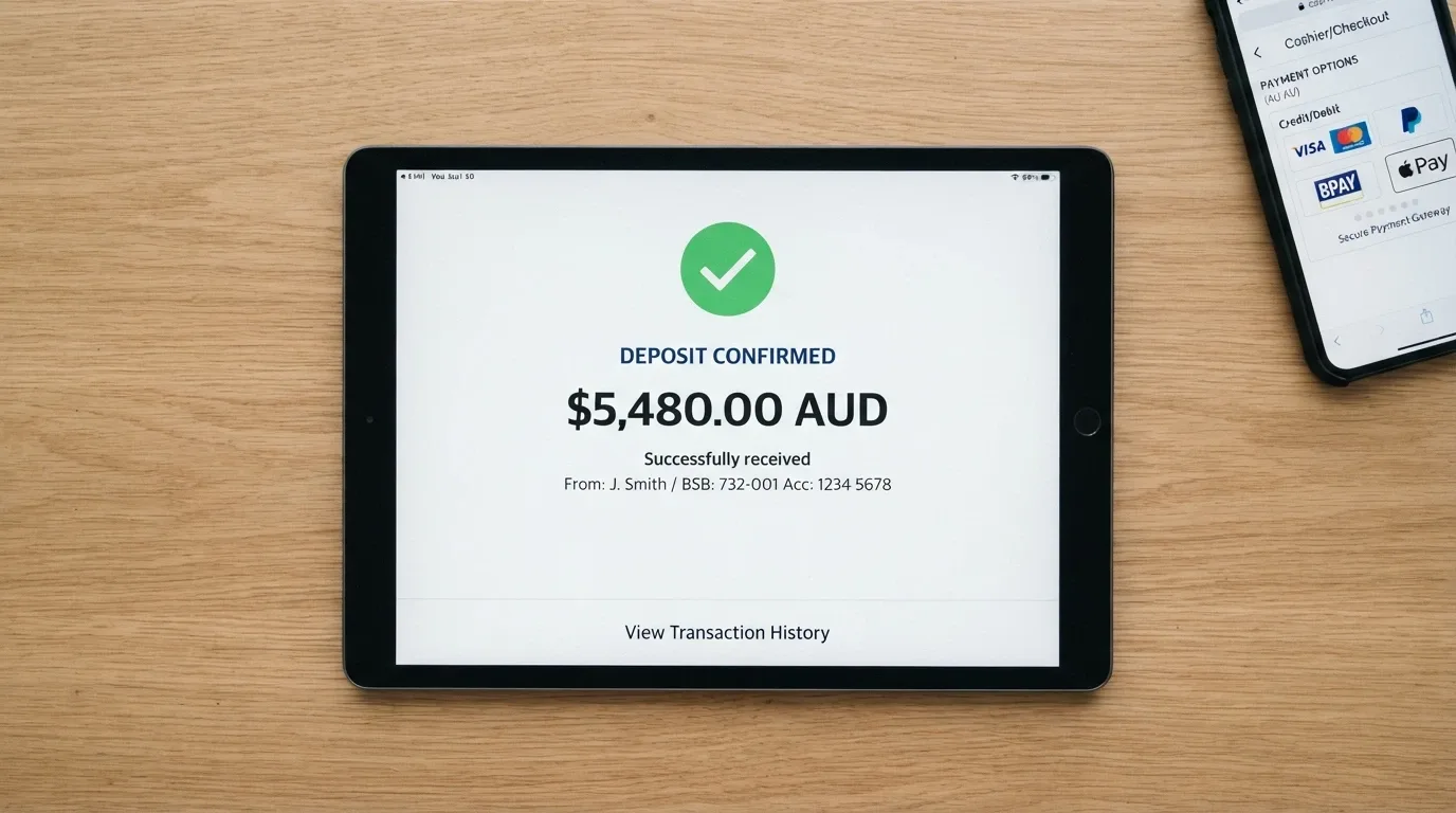 An iPad screen showing a banking app deposit confirmation next to a casino cashier page, with PayID and BPAY logos visible