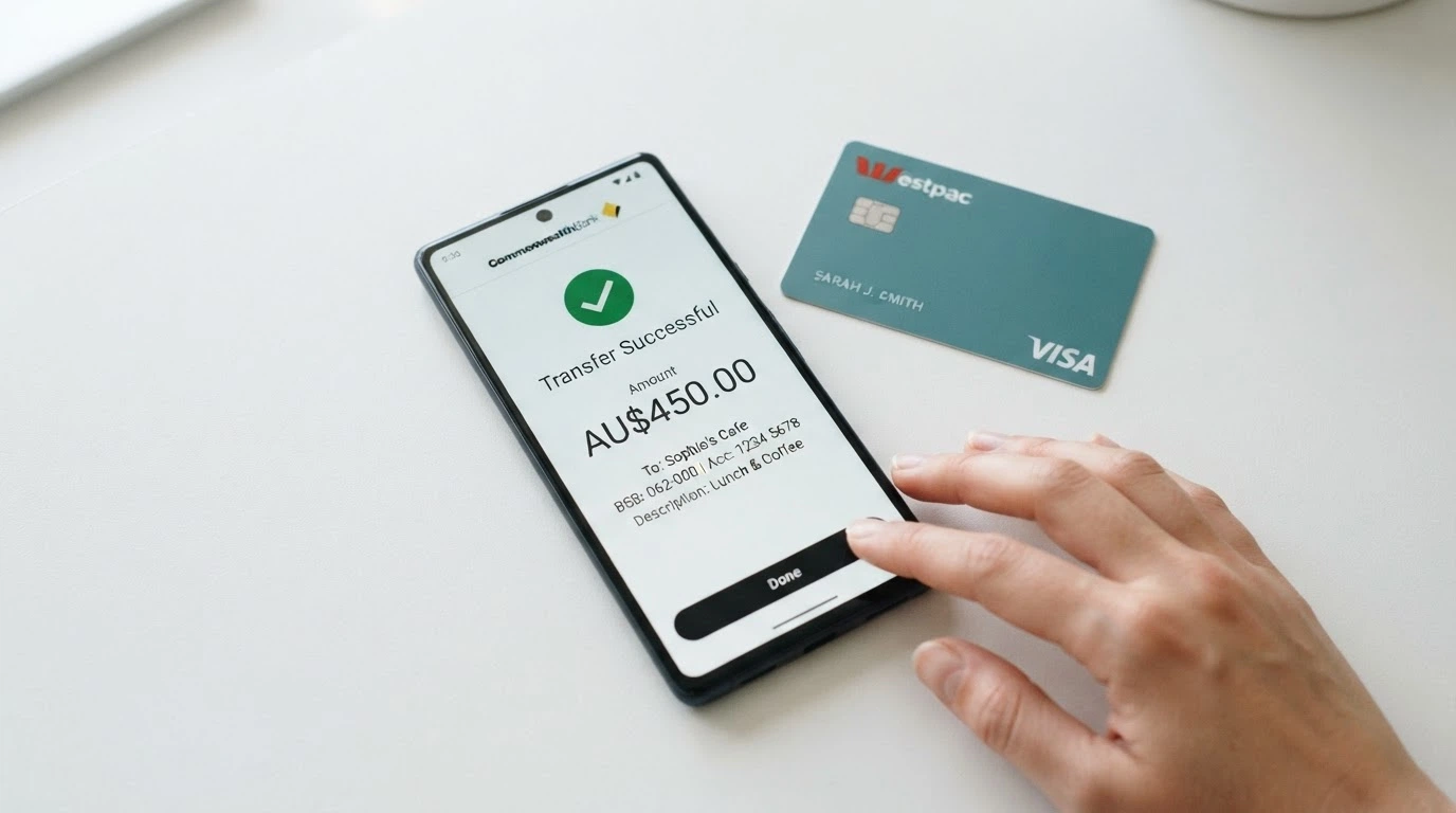 A smartphone showing a banking app with a PayID transfer confirmation screen, an AU debit card placed next to it, against a clean white background
