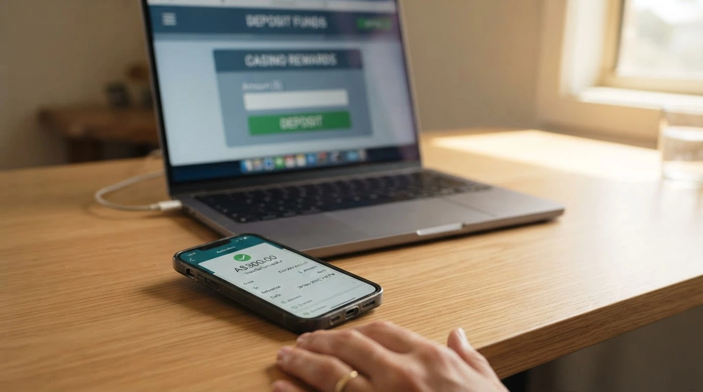 A smartphone displaying a PayID transfer confirmation screen, with an Australian bank app interface visible, overlaid on a casino deposit page