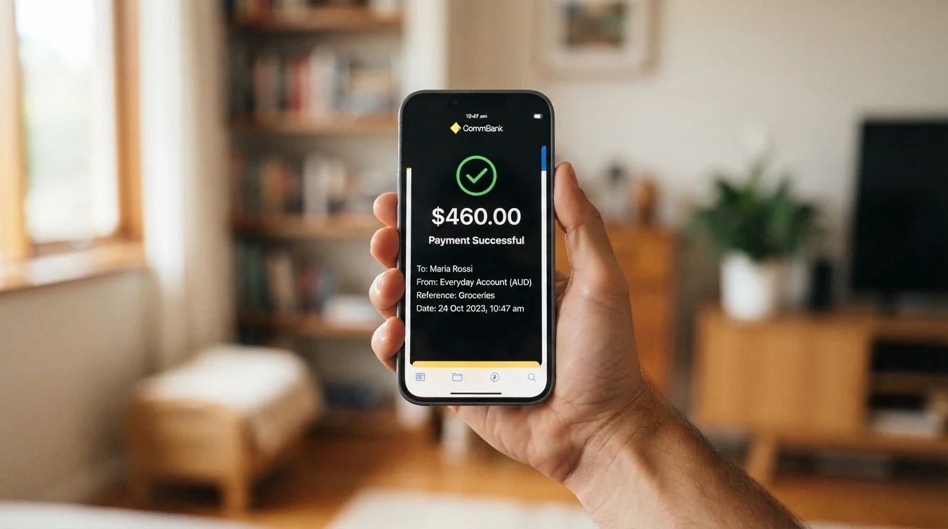 A smartphone showing a PayID transaction confirmation screen from an Australian banking app
