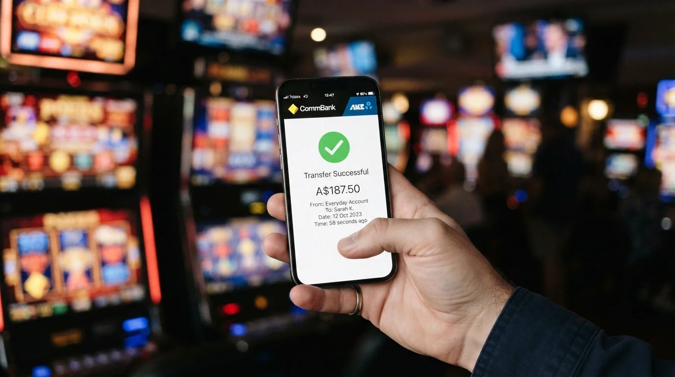 A close-up of a banking app on a phone showing a PayID transfer confirmation screen with the Osko logo, a green checkmark and a timestamp, held in a hand against a blurred pokies-screen background