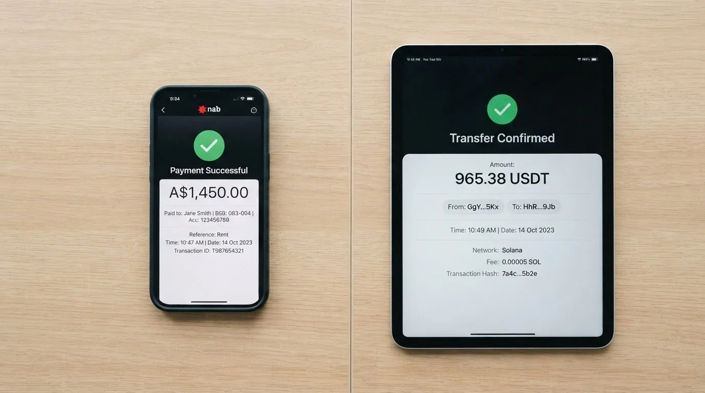 A split-frame image — on the left a smartphone banking app showing a PayID transaction confirmation, on the right a crypto wallet interface with a USDT TRC-20 transfer confirmation