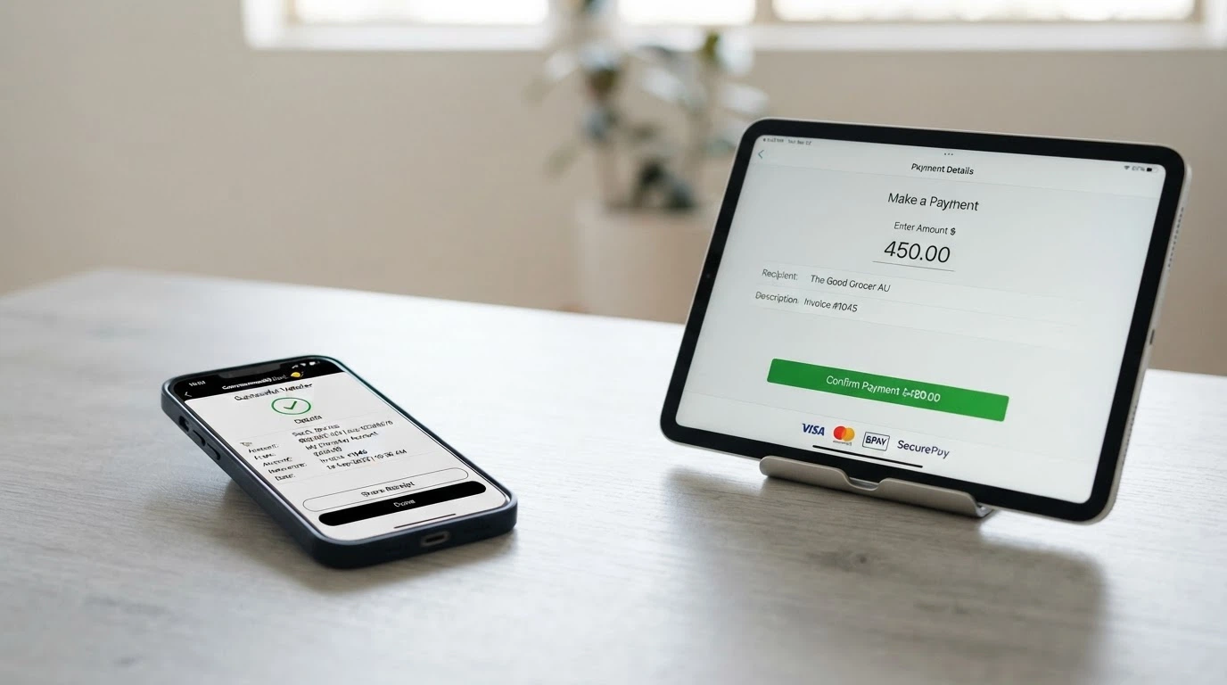 A banking-app screen showing a PayID transfer confirmation with the Osko logo visible, a casino cashier page open beside it on a split screen