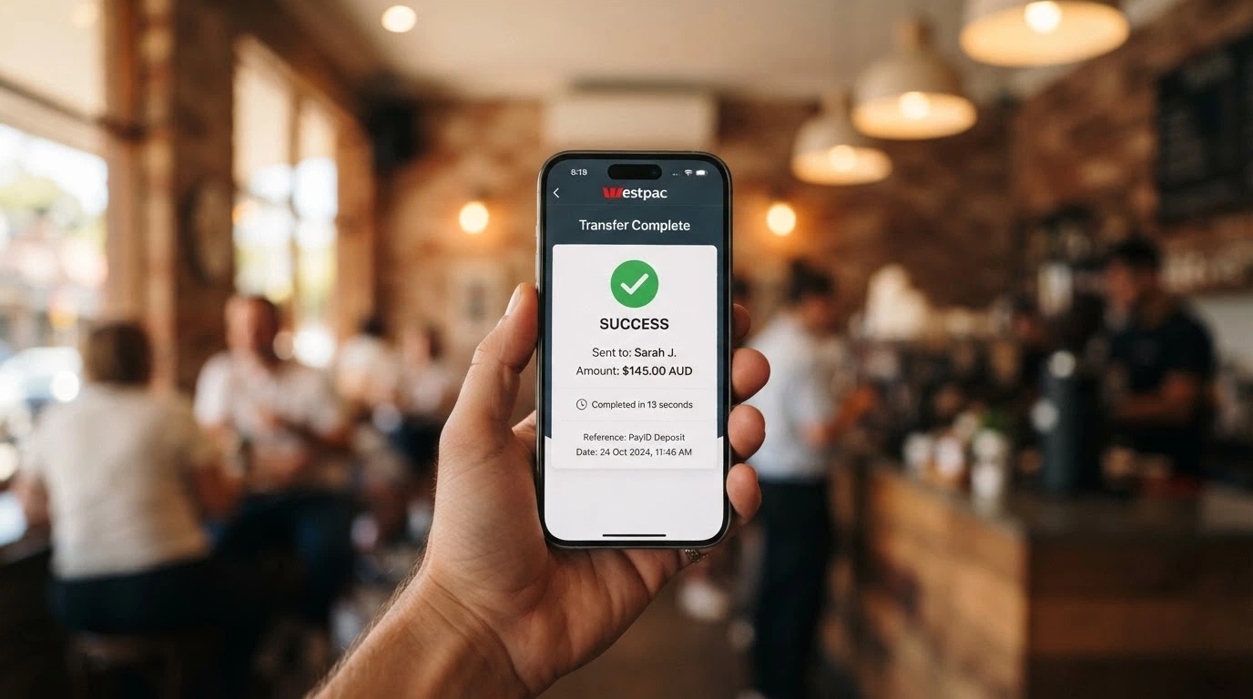 A banking app screen showing a PayID transfer marked complete with a timestamp under 15 seconds