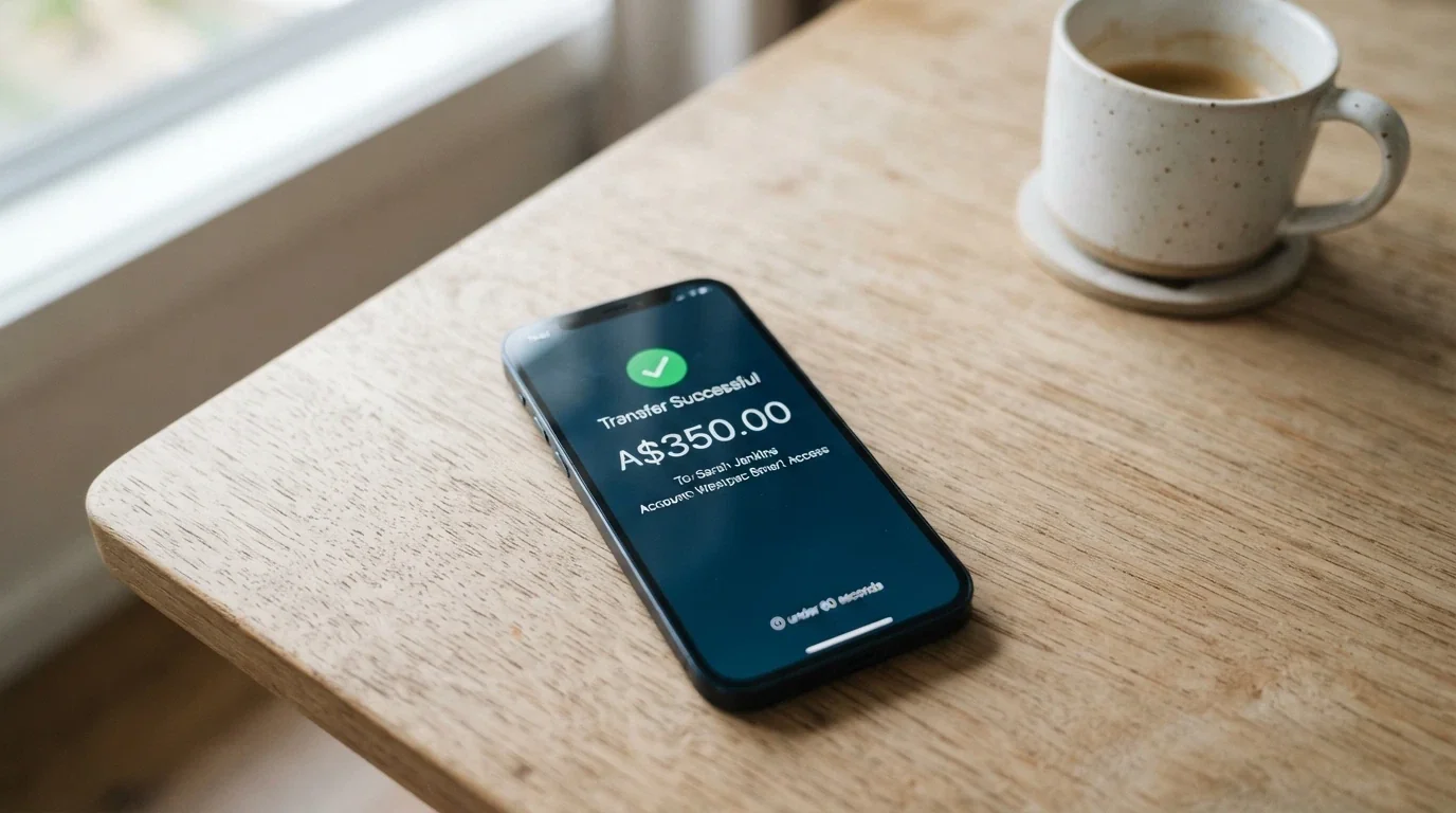 A mobile banking app screen showing a PayID transfer confirmation with the Osko logo and a timestamp under 60 seconds
