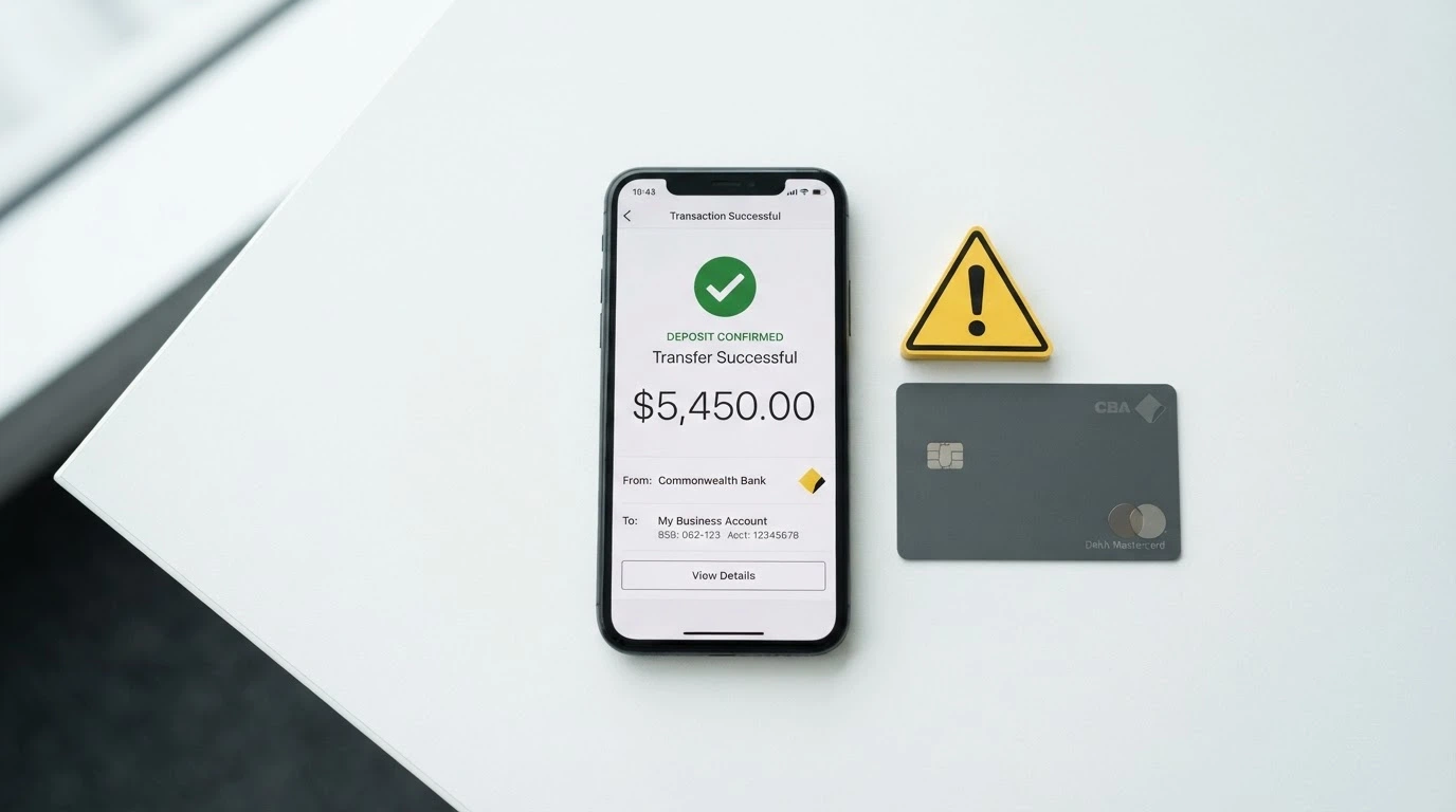 A phone screen showing a PayID deposit confirmation with an AUD amount, beside a warning icon over a credit-card entry field