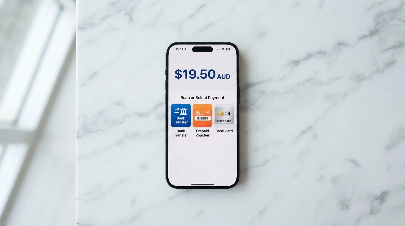 A smartphone showing a casino cashier screen with PayID, Neosurf voucher and debit card icons arranged as deposit options, with AUD currency visible