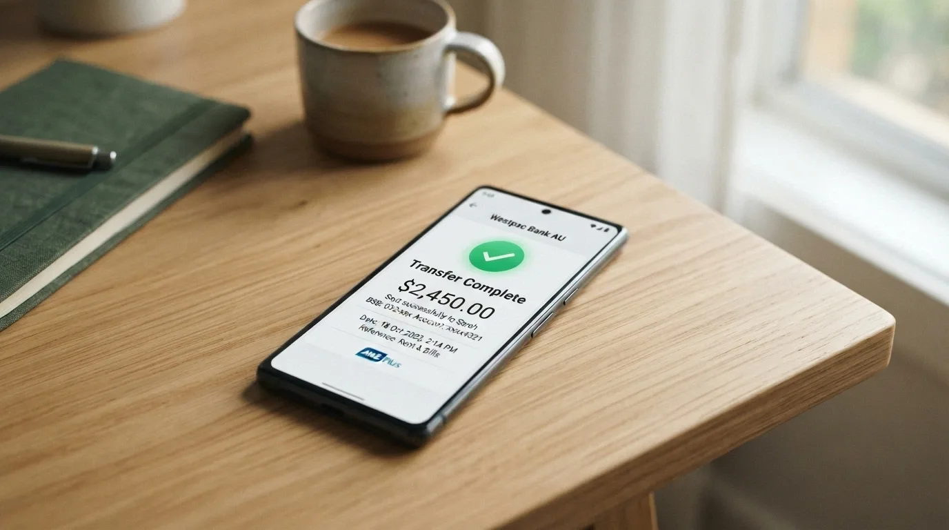 A smartphone screen showing a PayID transfer confirmation with an Australian bank logo, the recipient field blurred