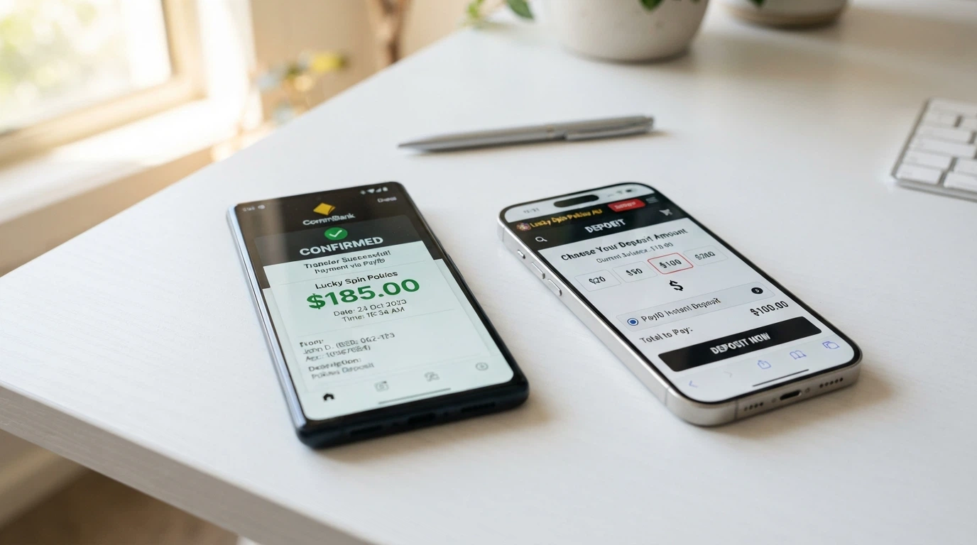 A smartphone banking app showing a PayID transfer confirmation screen beside an online pokies deposit page