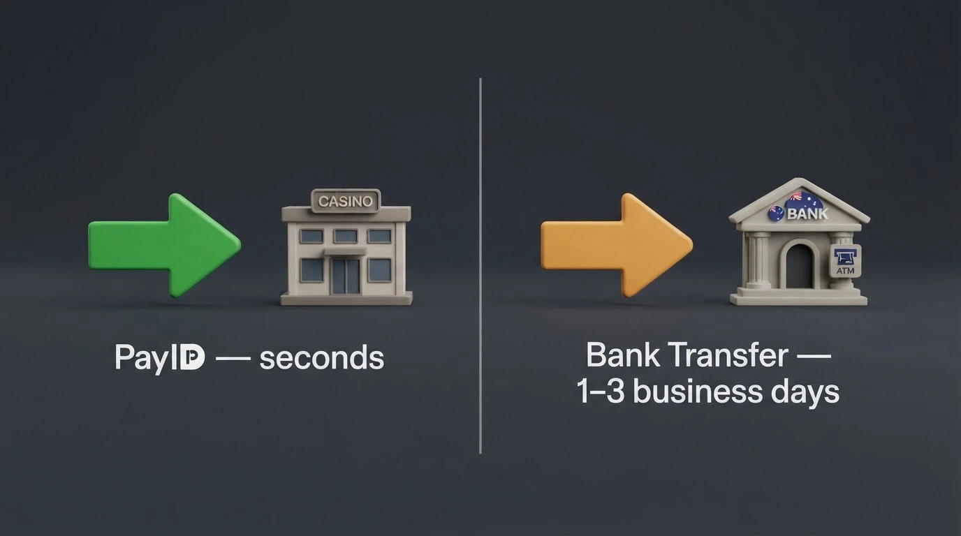 A split illustration: on the left, an arrow pointing into a casino marked “PayID — seconds”; on the right, an arrow pointing out marked “Bank Transfer — 1–3 business days”