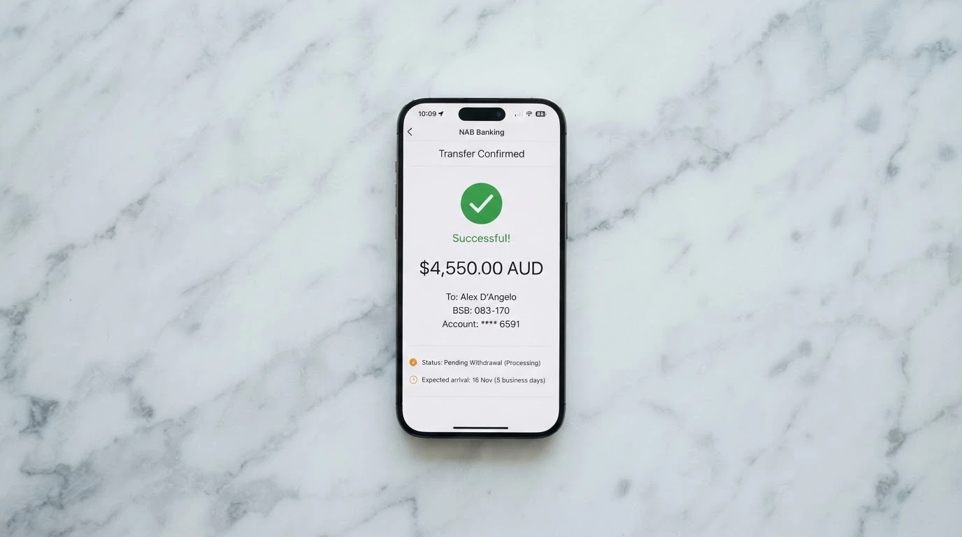 A smartphone showing a banking app with a PayID transfer confirmation screen and a pending casino withdrawal status beside it