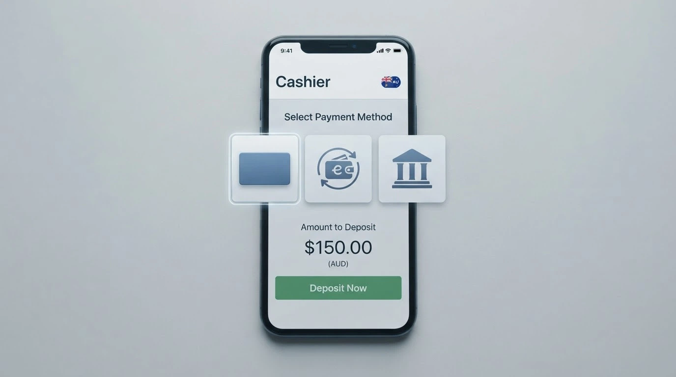 A casino deposit screen displaying payment icons including PayID, Visa, Mastercard and Bitcoin side by side