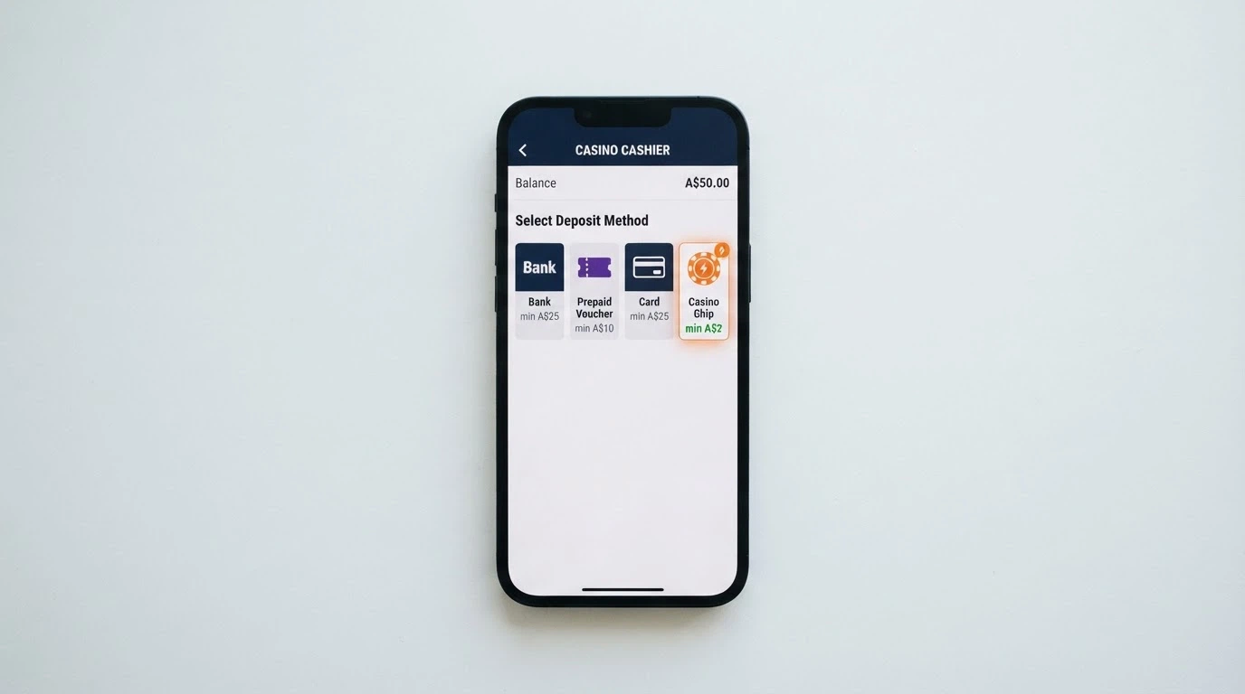 A smartphone screen showing a casino cashier page with multiple payment-method icons — PayID, crypto, Visa, Neosurf — with A$2 amounts displayed beside the crypto option and “min $10” beside the others