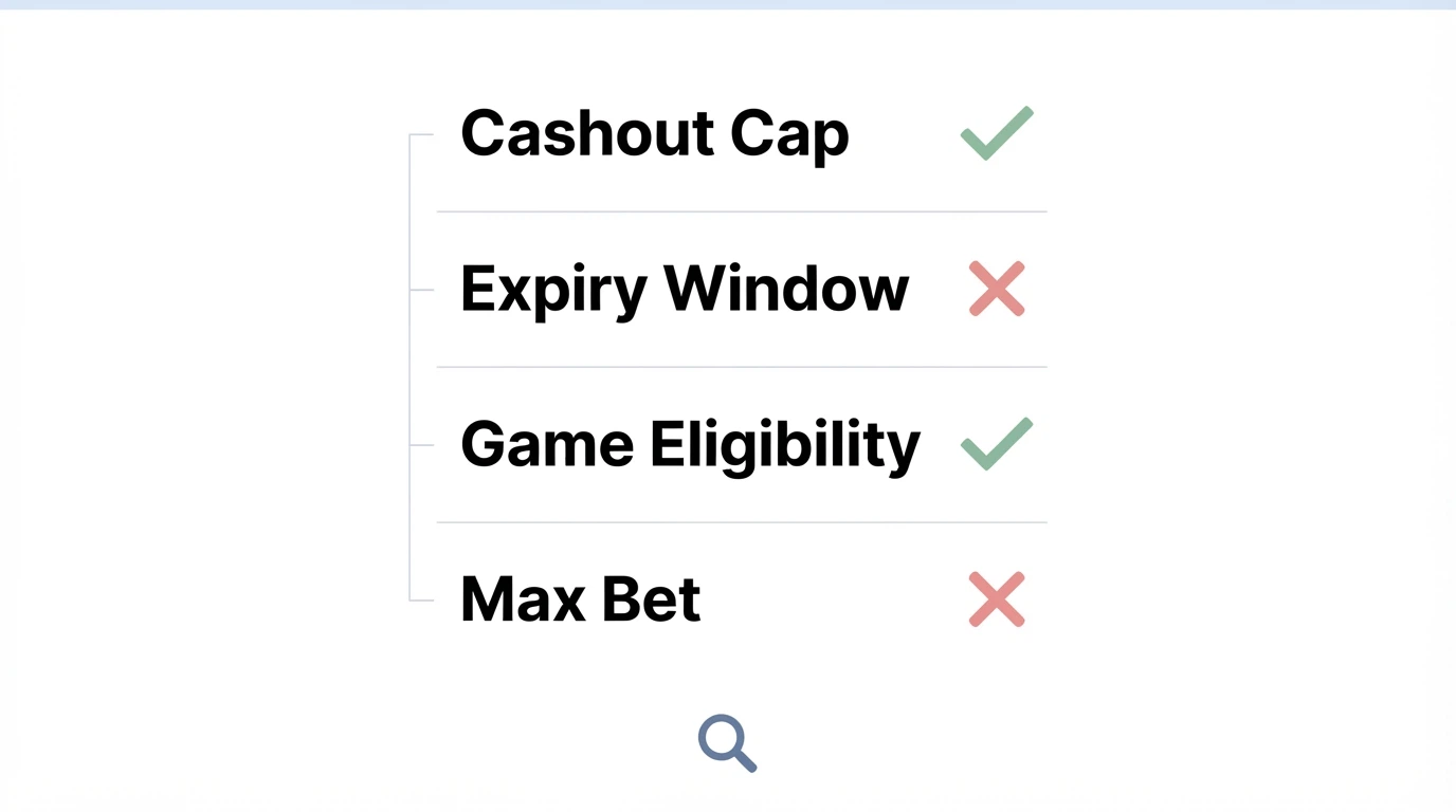 A checklist or decision-flow visual — cashout cap, expiry, game eligibility, max bet — with ticks and crosses beside each item