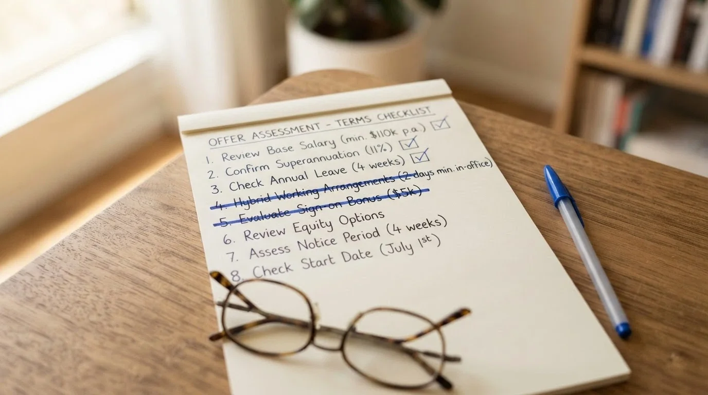 A handwritten checklist on a notepad — three items ticked, two crossed out — next to a pen and a pair of reading glasses, on a desk with soft natural light
