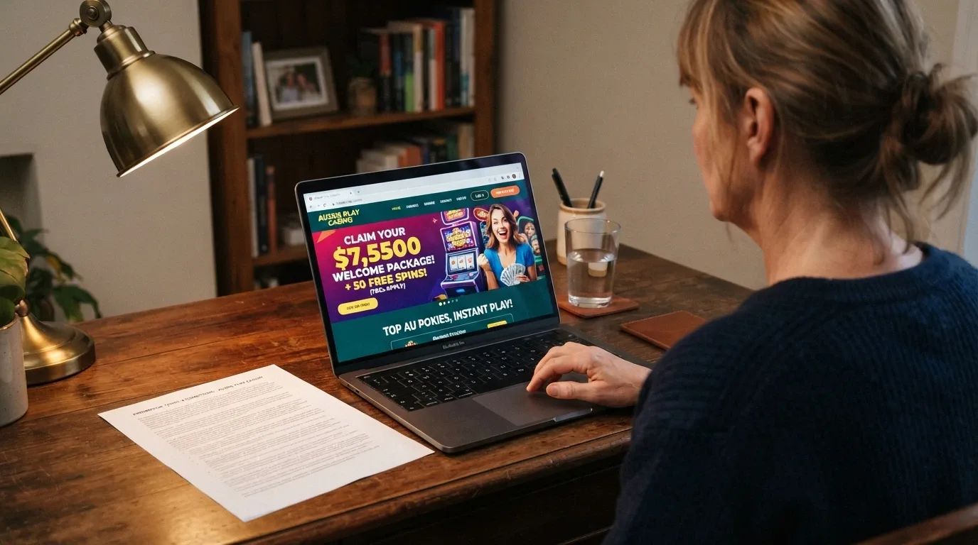 An Australian consumer at a desk, one hand on a laptop showing a casino offer, the other holding a printed T&Cs document under a desk lamp