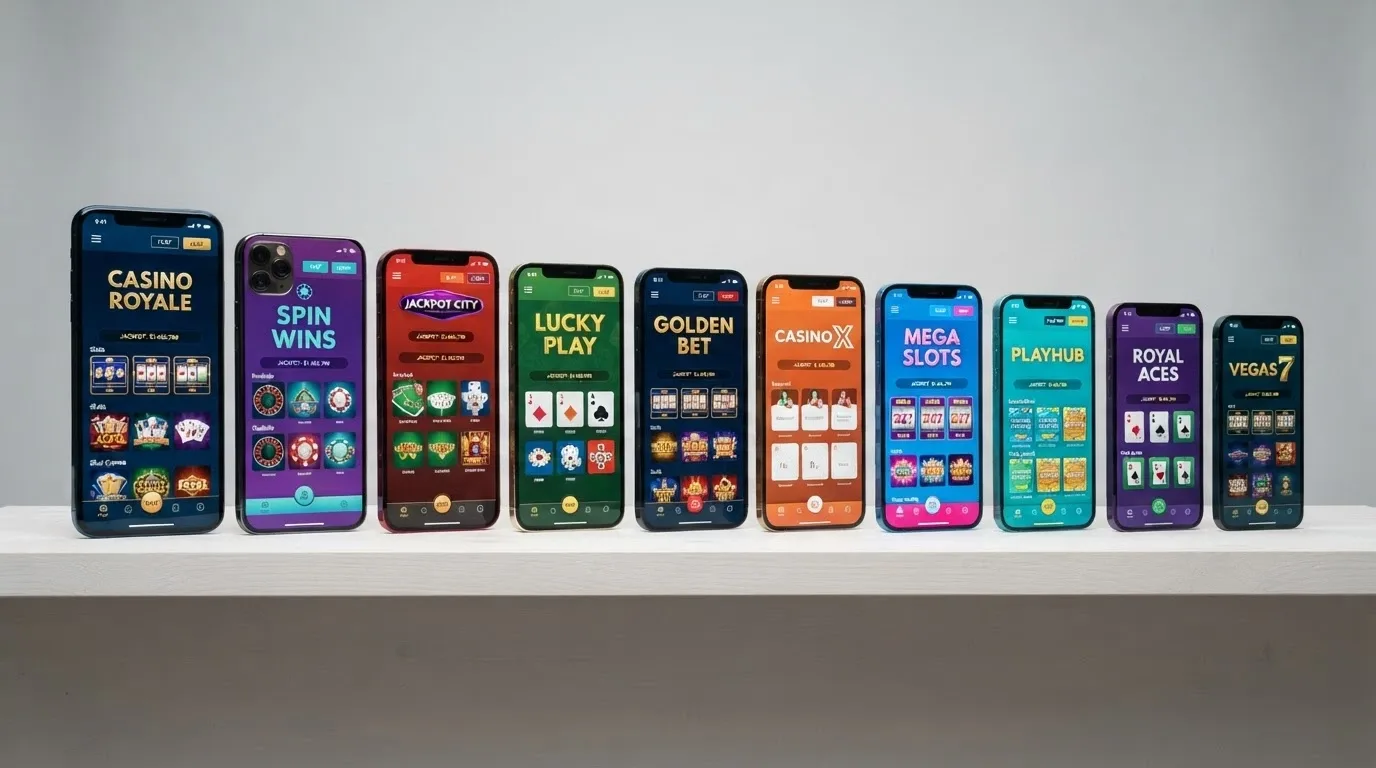 A side-by-side row of ten smartphone screens, each displaying a different casino home screen, arranged left to right by size