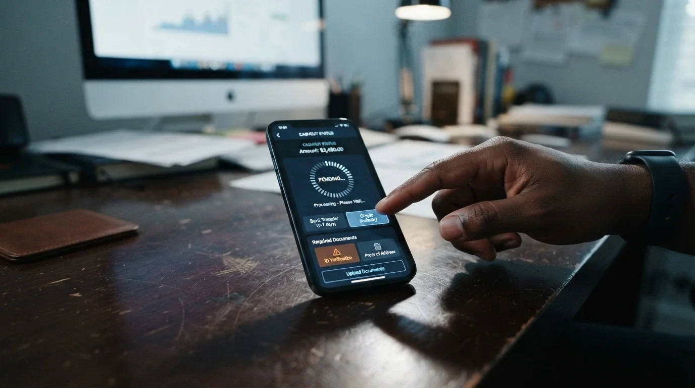 A smartphone showing a withdrawal screen with PayID and bank-transfer options, a pending-status indicator, and a KYC document-upload prompt