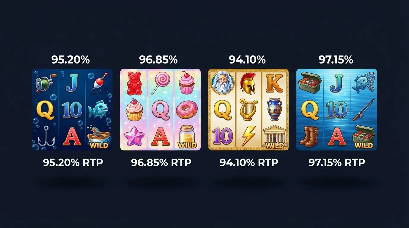 A row of four colourful online pokies reels — Big Bass Splash, Sweet Bonanza, Gates of Olympus and Big Bass Bonanza — with their RTP percentages overlaid