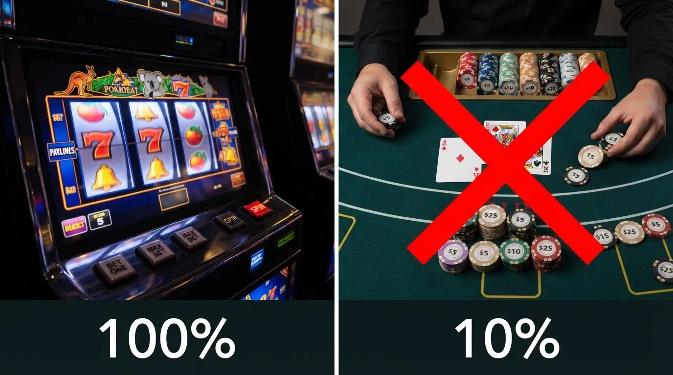 A split-screen view: colourful pokies reels spinning on one side, a blackjack table with a red cross overlay on the other, with a percentage contribution label under each