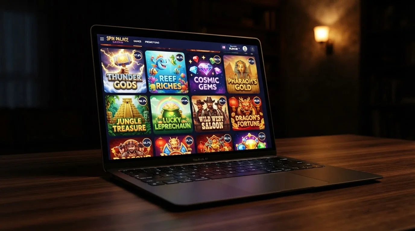 A grid of online pokie title cards including Gates of Olympus, Big Bass Bonanza and Starburst, with an RTP percentage badge on each