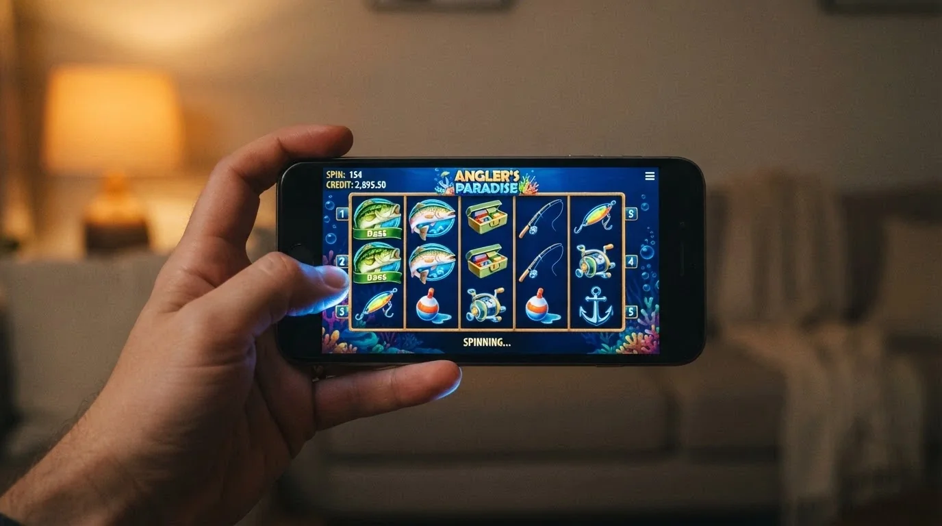 An online pokie game screen with five reels mid-spin, the spin counter and credit balance visible in the corner