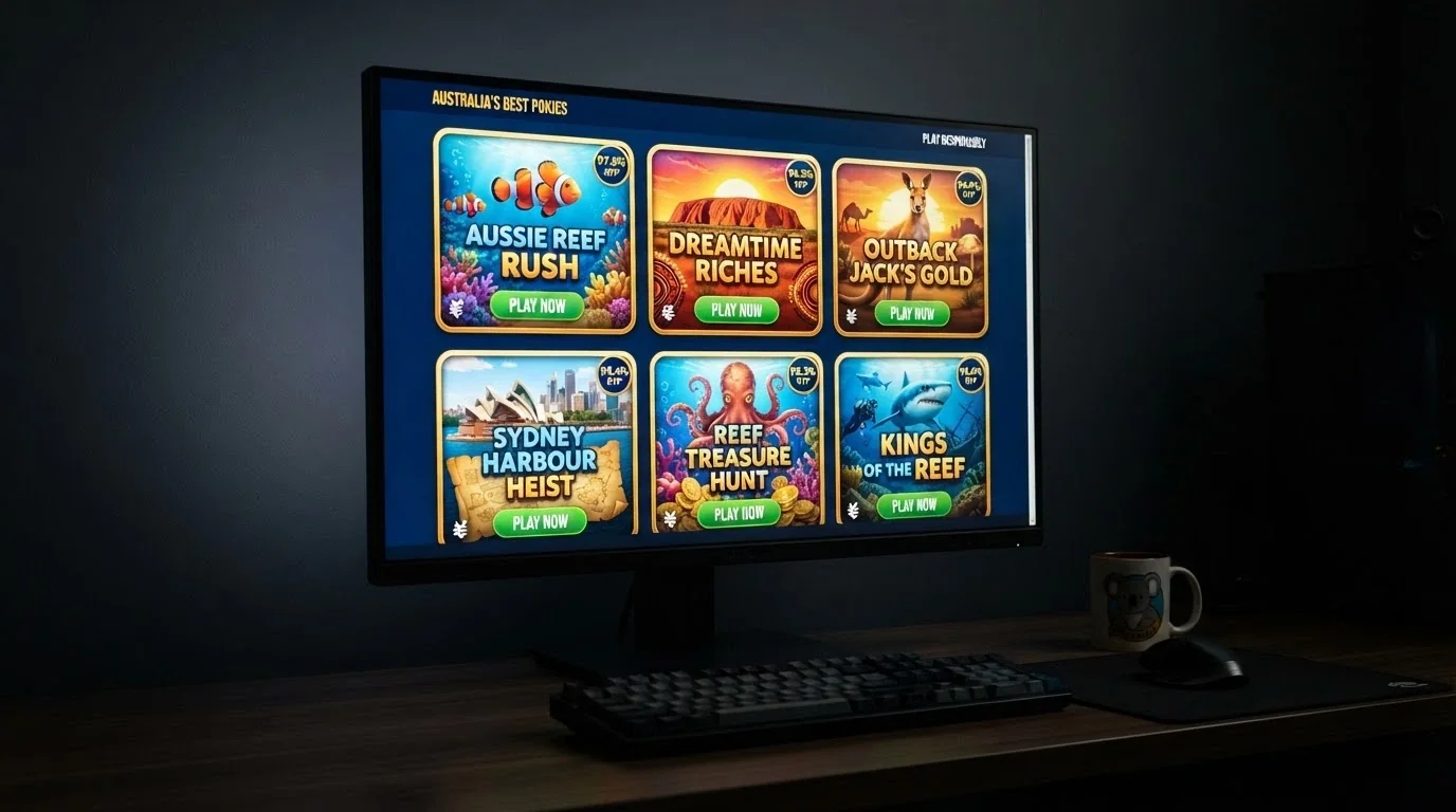 A grid of colourful online pokies title cards arranged like a showcase, with a small RTP percentage badge on each, on a dark gradient background