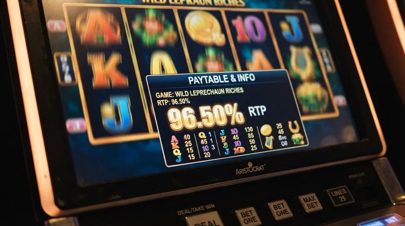 A close-up of a pokie screen showing the paytable and RTP information panel, with the 96.50% RTP figure highlighted, reels spinning in the background