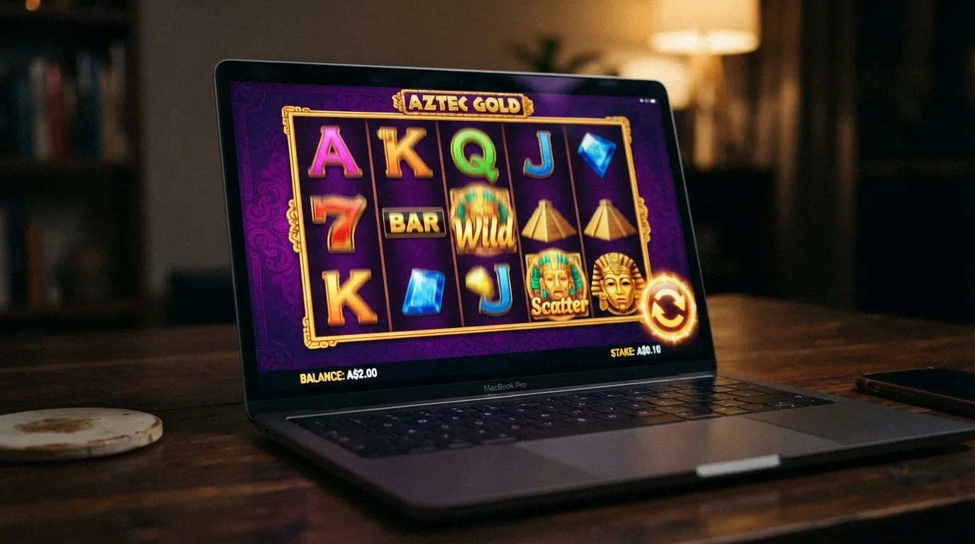 An online pokie screen on a laptop showing a A$0.10 stake, a A$2.00 balance and a spin button, with the reels mid-spin in a colourful RTG-style game