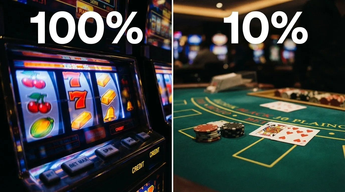 A split composition: a row of colourful pokie reels on the left, a green baize blackjack table on the right, a percentage-weighting label on each side