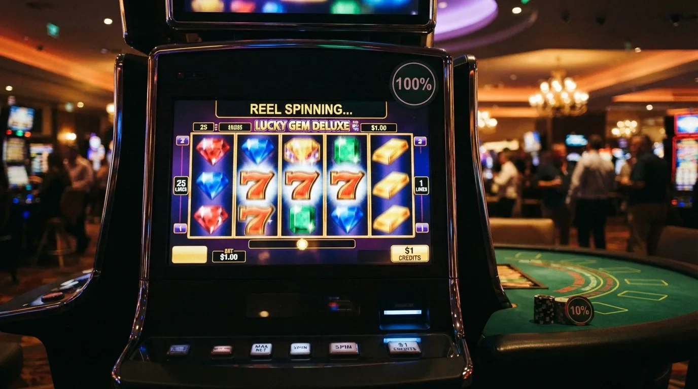 A row of online pokie reels showing different games — one with a 100% badge, one with a table-game felt and a 10% badge