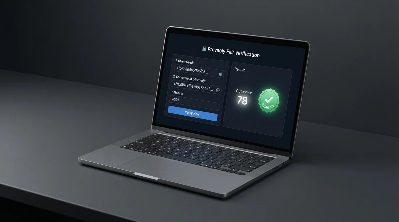 A provably-fair verification tool on a laptop screen, showing Client Seed, Server Seed hash and nonce fields with a green verified badge