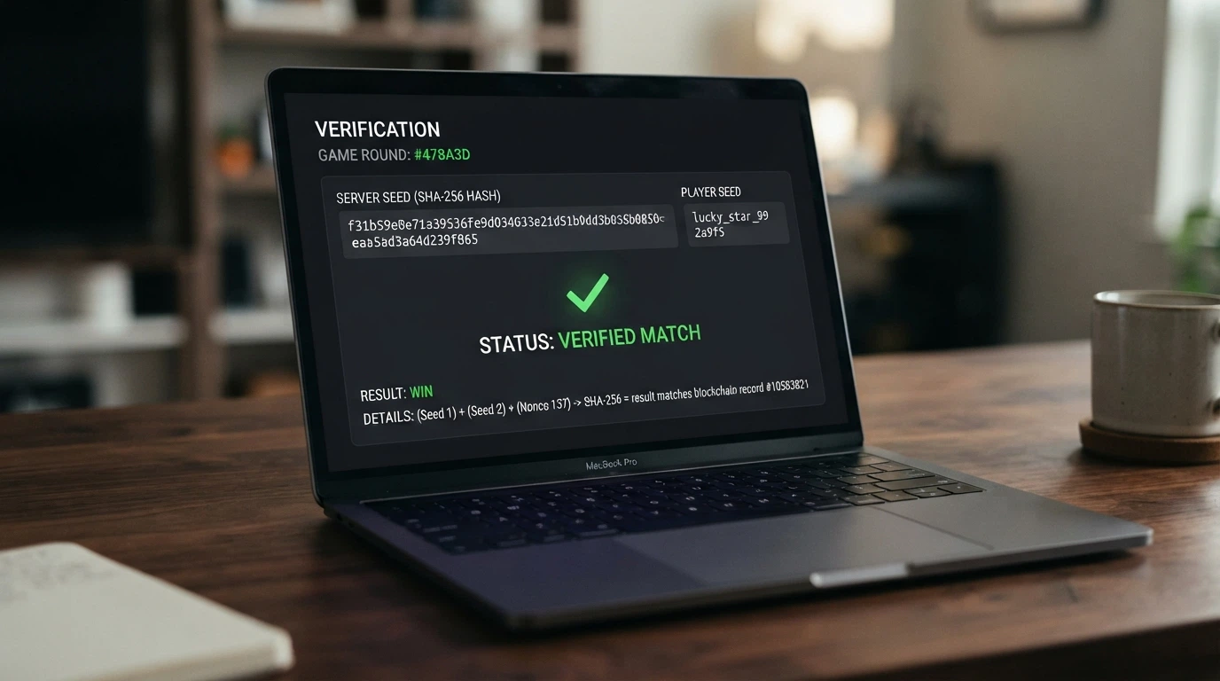 A blockchain verification screen displaying a hashed server seed and player seed for a casino game round