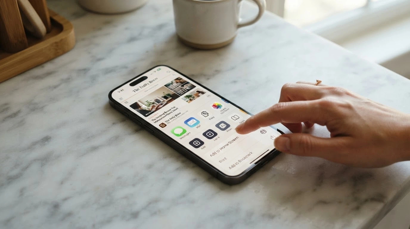 A finger tapping the Share button in Safari then selecting Add to Home Screen on an iPhone