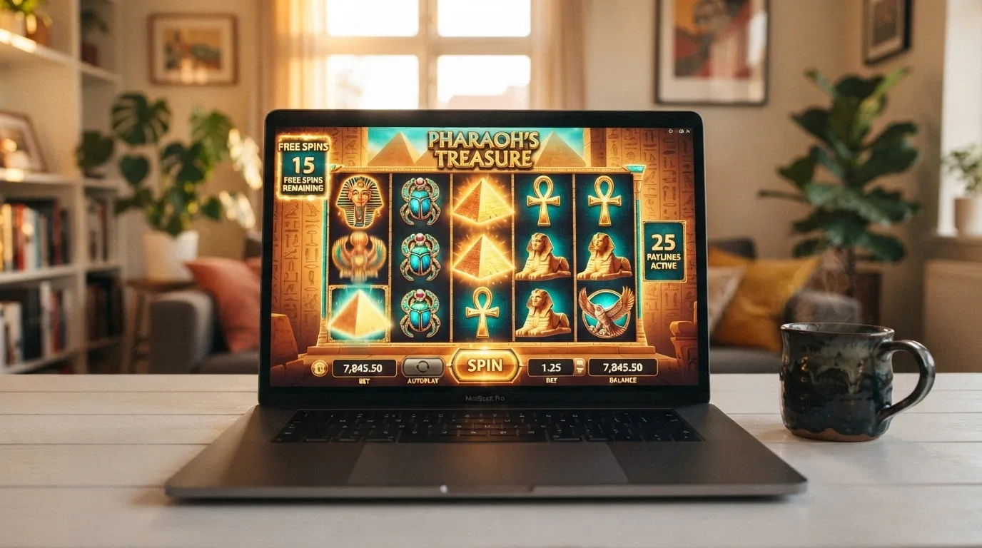 Queen of the Nile online pokie during a free-spins bonus round with the ancient-Egypt reel symbols, the 25-payline indicator and the spin count visible