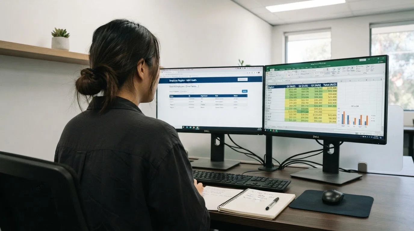A desktop workspace with a Curaçao licence register page open on one monitor and a spreadsheet of operator terms on another