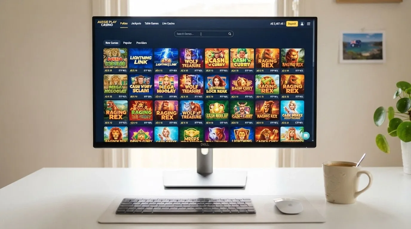 A desktop browser showing a grid of pokies game thumbnails with Australian dollar balances in the top corner and a search field for game titles